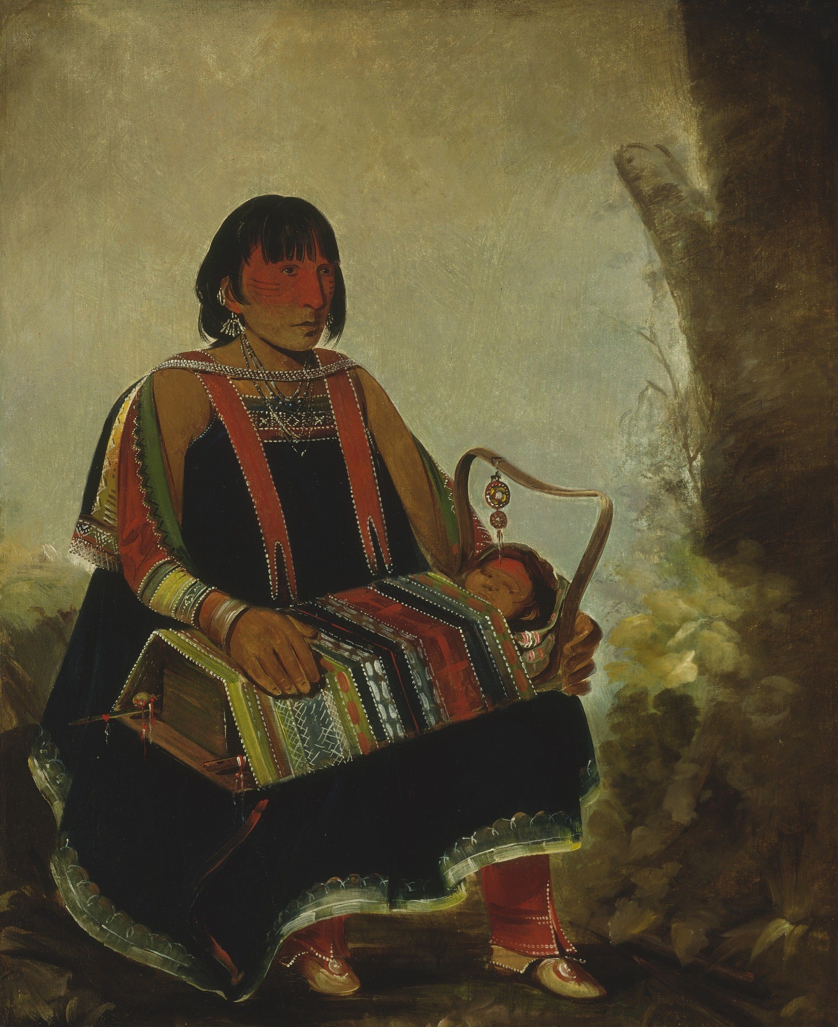 Jú-ah-kís-gaw, Woman With Her Child in a Cradle — George Catlin, 1835. An Ojibwe (Chippewa) mother holding her child in a cradleboard, from the era of Florence Lightfoot's ancestors.