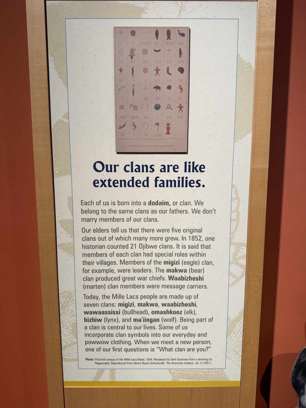 Museum panel on Ojibwe clans with 1849 pictorial census